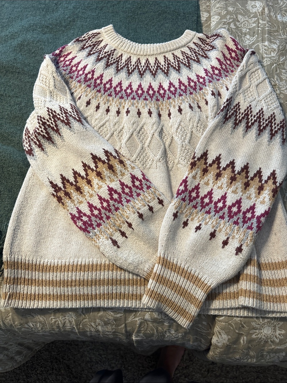 Sundance Cream Fair Isle Crewneck Sweater with Pink and Gold Pattern